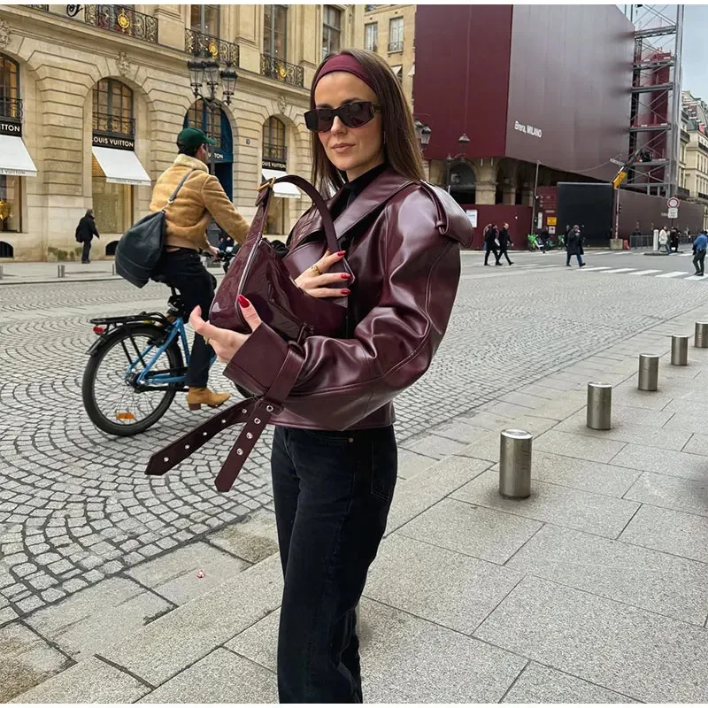 Vintage Burgundy PU Leather Biker Jacket Cool Adjustable Cuff Long Sleeve Lapel Zipper Women Fall Winter Punk Short Coat