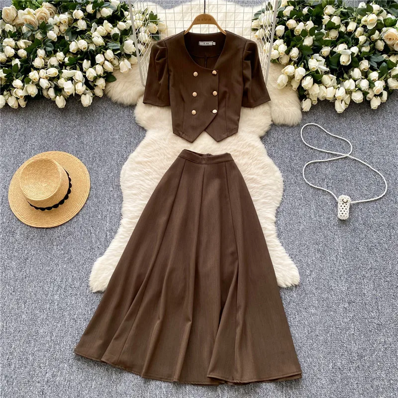 

Элегантный французский женский костюм из 2 предметов, двойной пиджак с пышными рукавами + юбка-миди с высокой талией, летние шикарные комплекты из 2 предметов