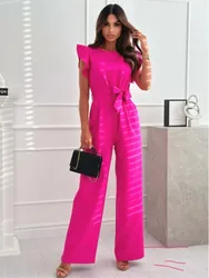 Summer Short Sleeve Wide Leg Jumpsuit For Women 2024 Elegant Romper Vintage Office Ladies Jumpsuits Overalls Women Woman