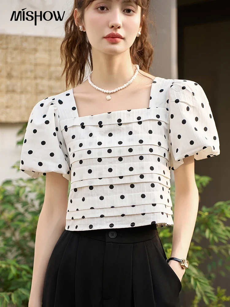 MISHOW French Polka Dot Puff Sleeve Top 2023 Summer Retro Square Neck Rear Collar Lace-up Temperament Short Blouses MXC38X0094