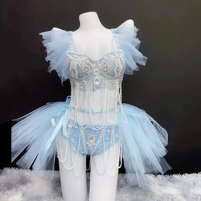 Pole Dance Bikini Costume Bar Nightclub DJ Gogo Stage Wear Sky Blue Mesh Pearl Beading Bra Short Set Club Party Show Performance