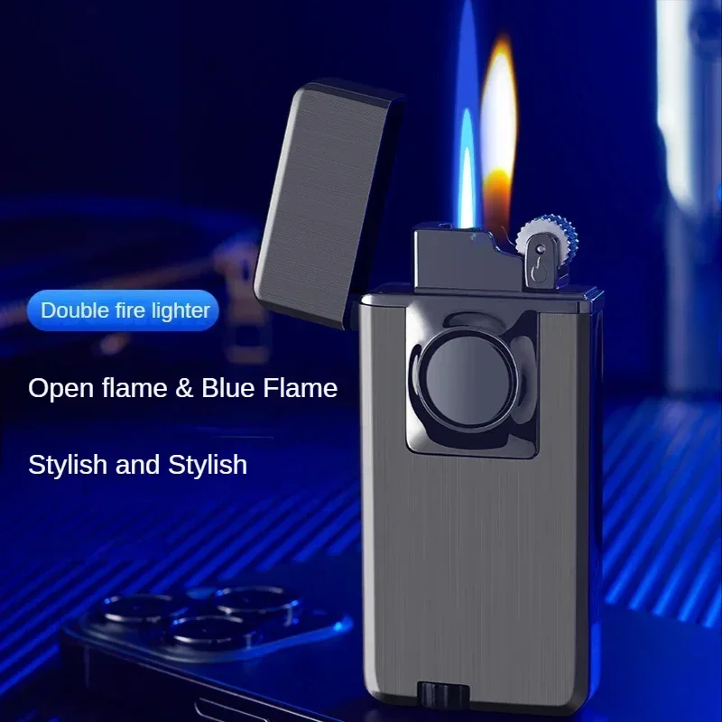 Metal Double Flame Lighter Windproof Cigarette Lighter For Men Butane Gas Lighters Smoking Accessories Grinding Wheel Fire Torch