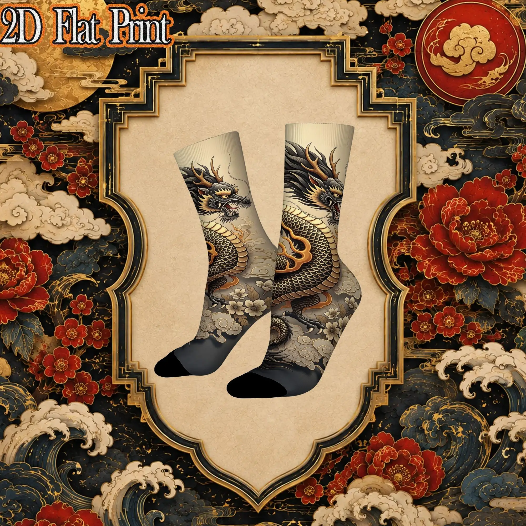 Fashion Retro Chinese Vintage Gold Dragon Graphic Crazy Men's  Crew Sock Unisex  Funny  compression Socks