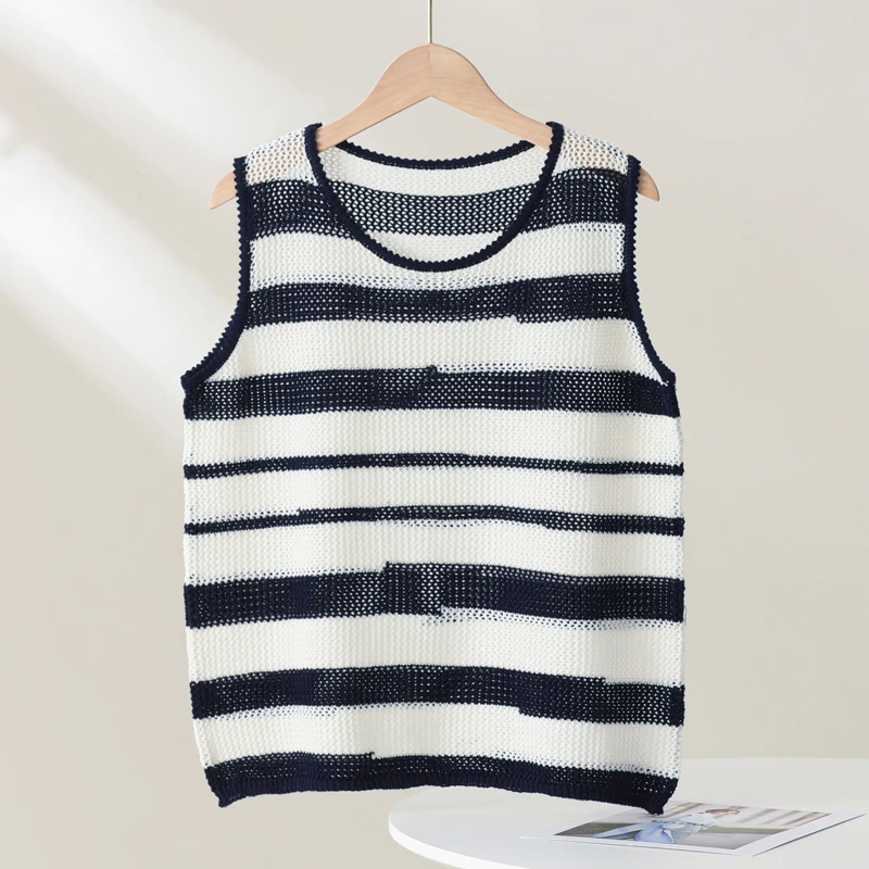 Sommerliches, gestricktes Camisole-Top aus 100% Baumwolle für Damen, gestreift, mit Rundhalsausschnitt, ärmellos, modisch und vielseitig.