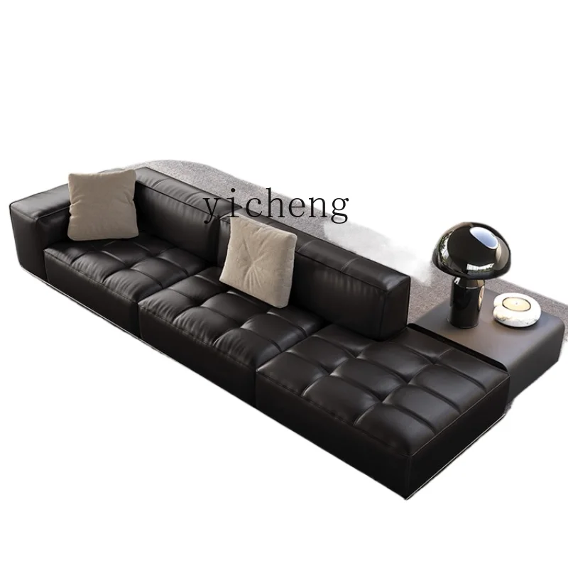 ZC Minimalist Tofu Block Leather Sofa Light Luxury Living Room Big Black Cow High Backrest Sofa