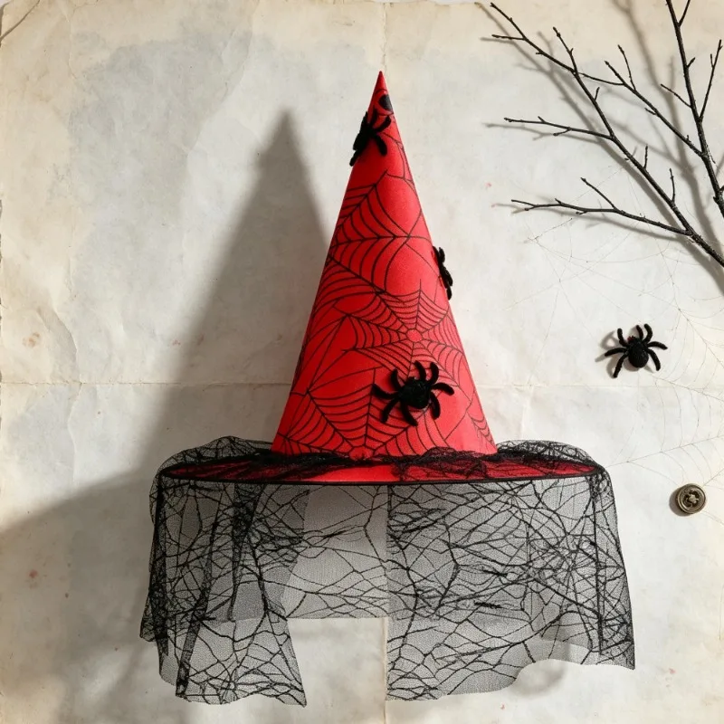 Halloween Colored Witch Hat with Black Mesh Three-dimensional Spider Decoration Pointed Wizard Hat Adult Makeup Ball Party Props