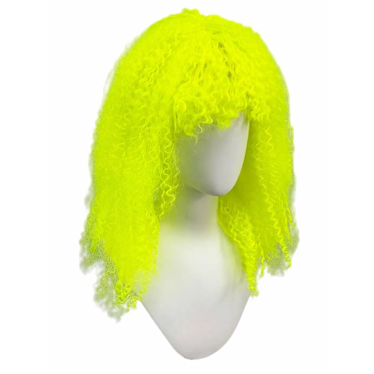 Anxin Brand Synthetic Fiber Wigs: Bright Fluorescent Yellow-Green Long Curly Wig, Air Bangs, Party Carnival, Cosplay Festival Costume Wig