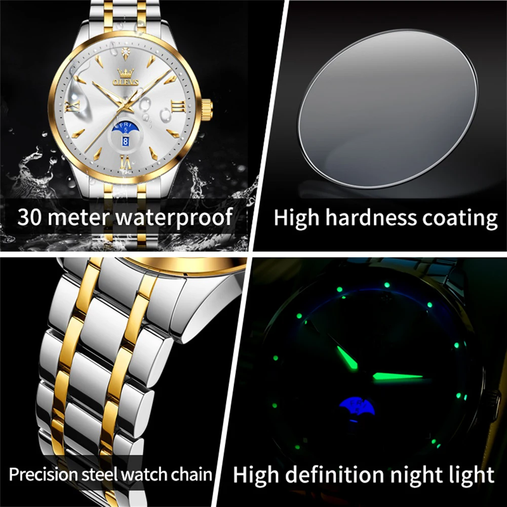 OLEVS 3646 Męski Zegarek Oryginalny Biznesowy Prosty Kwarcowy Duża Tarcza Wodoodporny Świecący Reloj Podwójny Kalendarz Wyświetlacz Zegarek Dla Mężczyzny