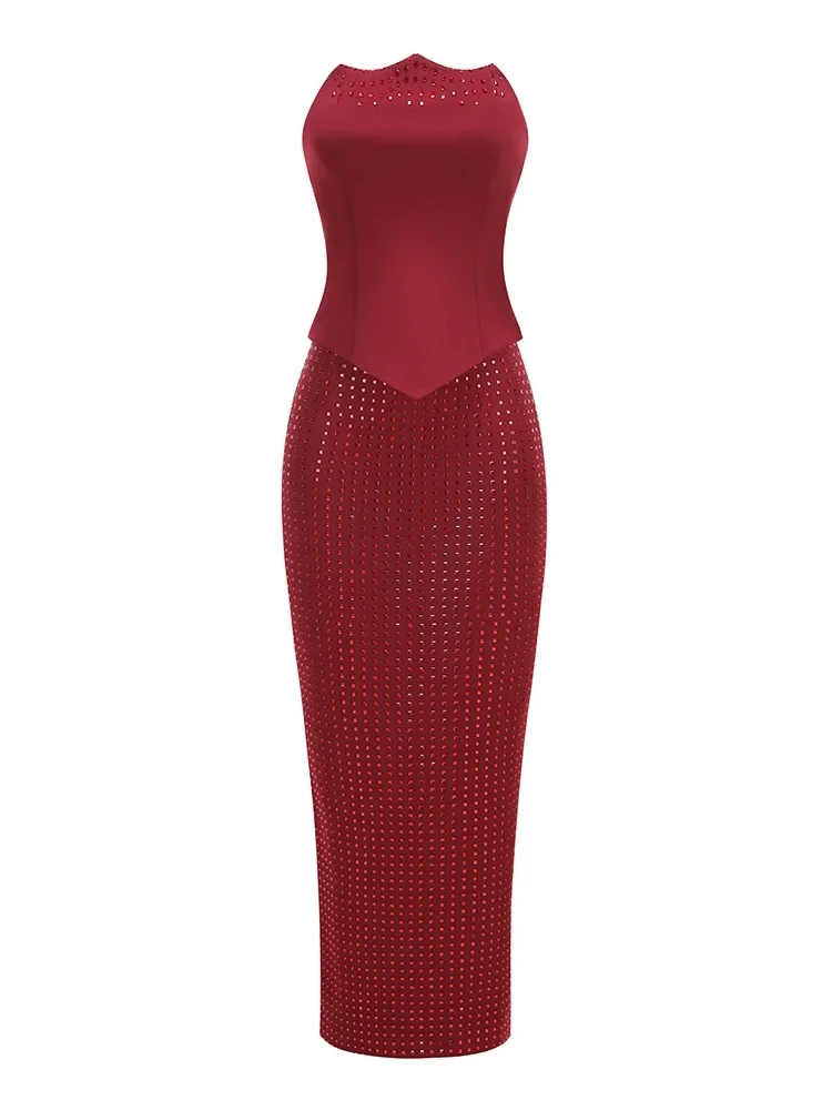 Mulheres diamantes saias finas conjunto de duas peças sexy vinho vermelho sem alças colheita topo + longo fino strass skits ternos festa natal conjunto