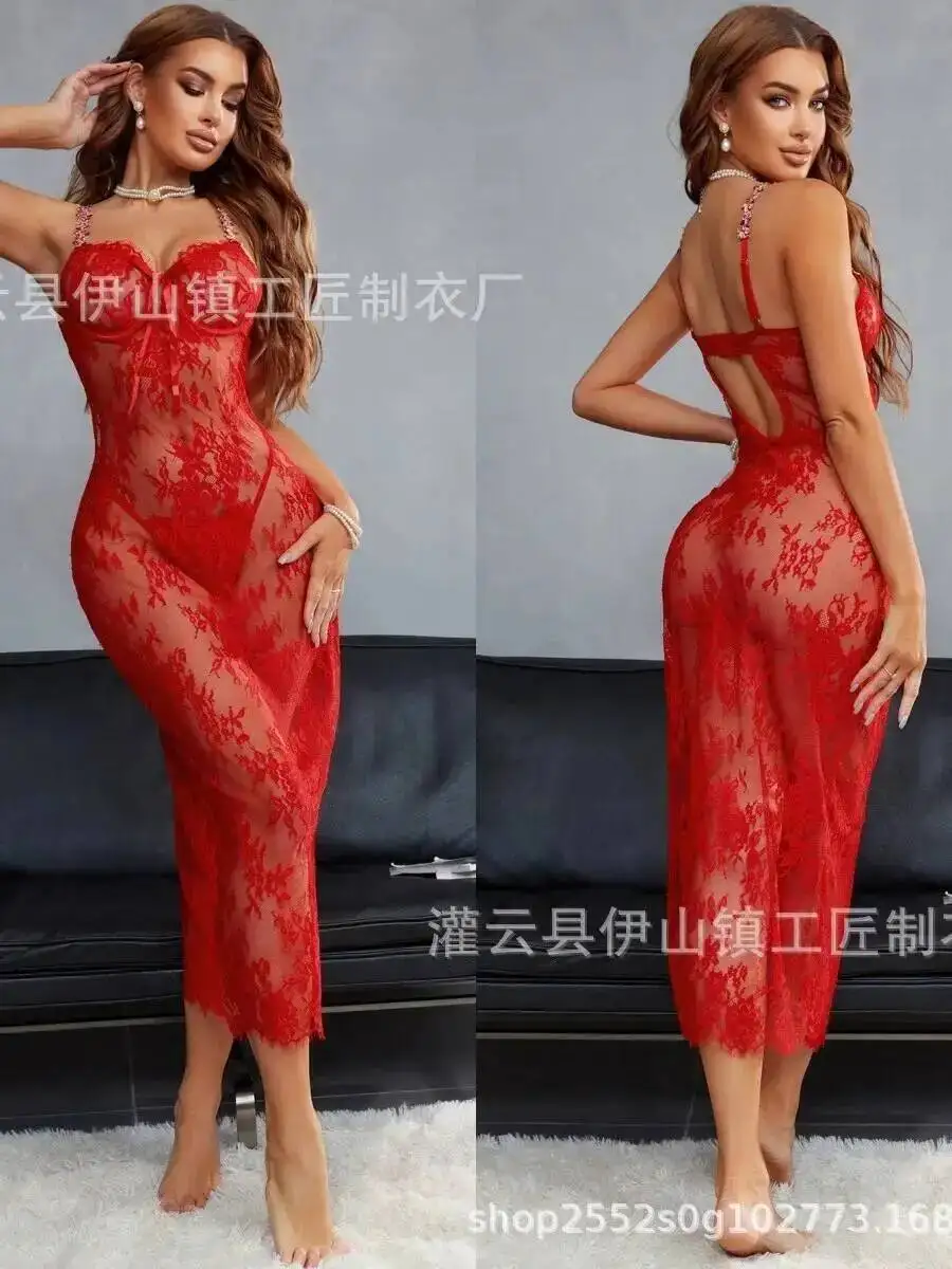 Nuevo vestido largo sin mangas con tirantes en V profundo y espalda descubierta bordado de flores de malla de encaje Sexy para mujer estilo Casual fino puro deseo GUT0