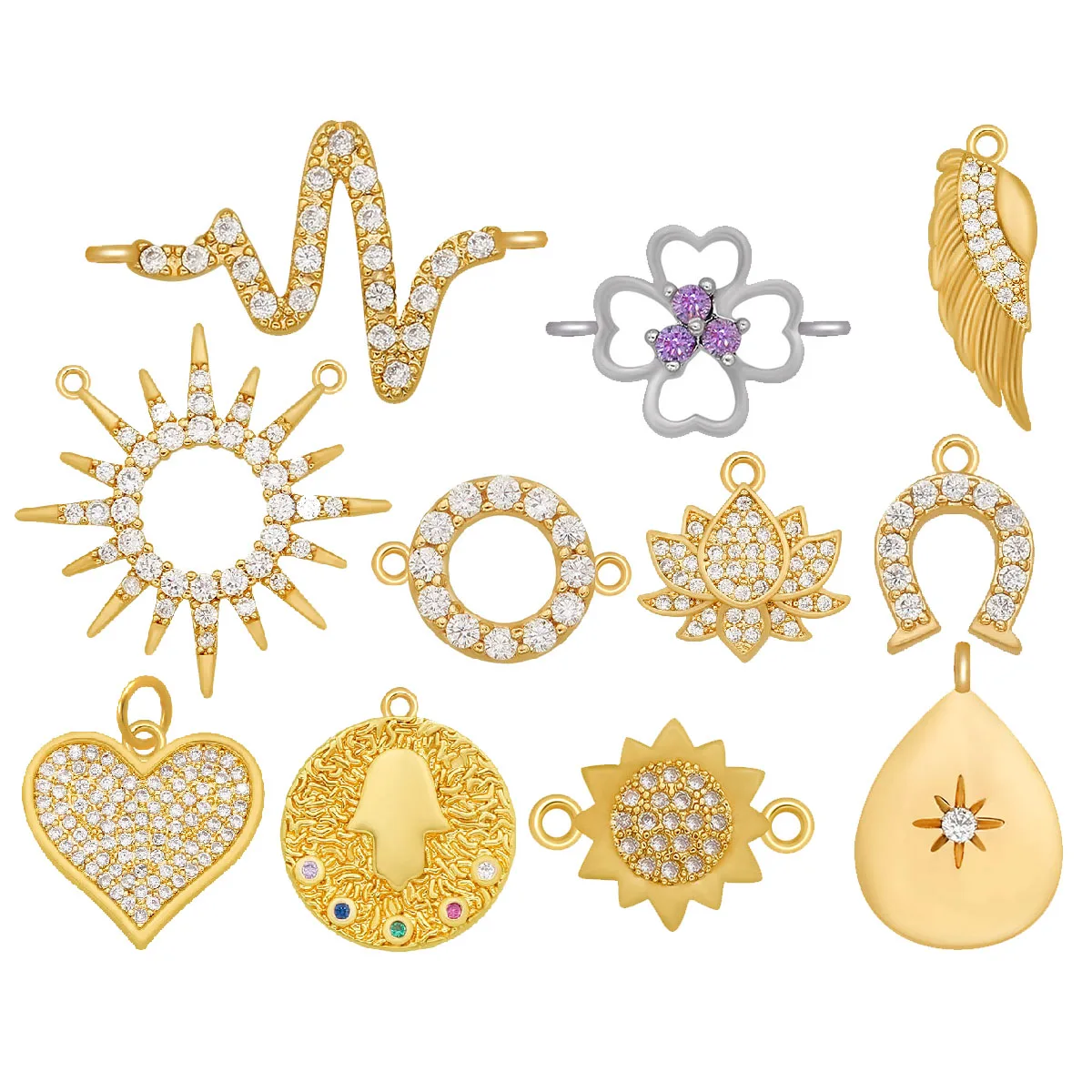 Gold-plated Zirconia Sunflower Star Heart Wings Lotus Fatima Hand Charm Pendant DIY Necklace Jewelry Making Supplies Accessories