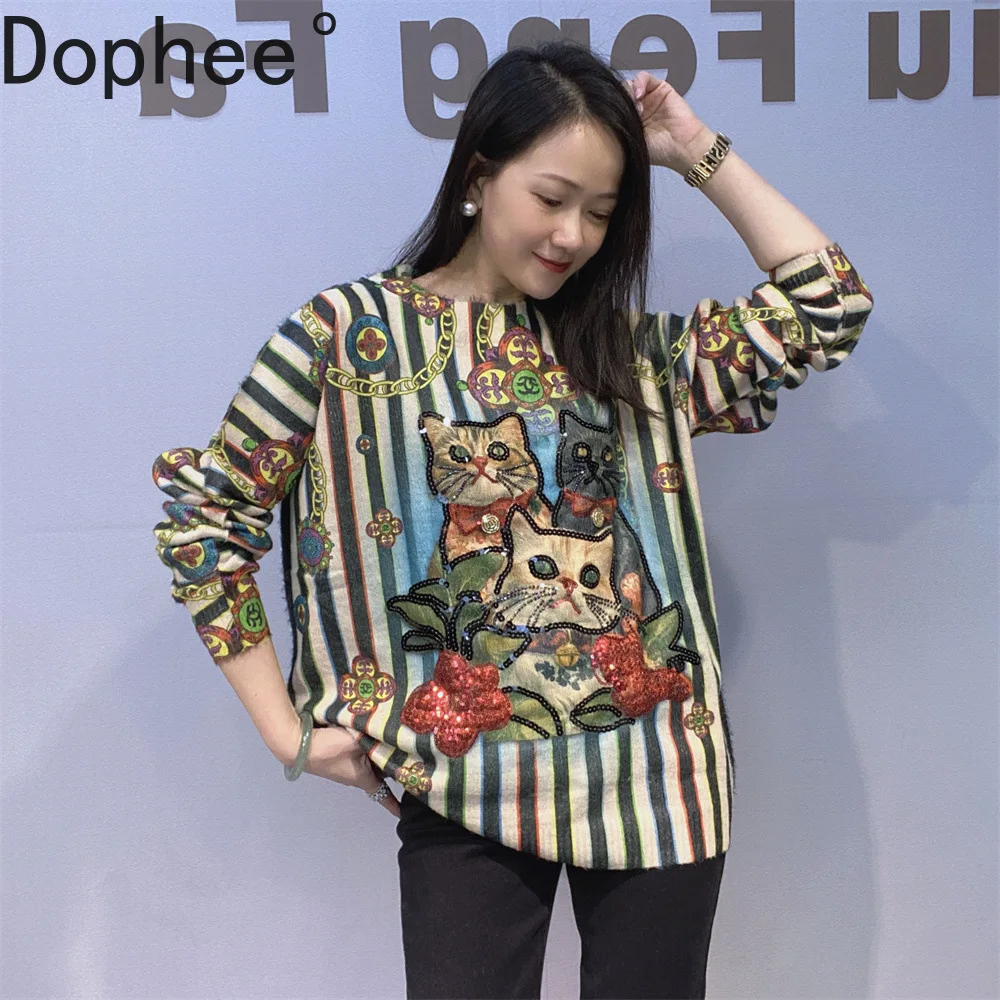 

Модный женский свитер с вышивкой и блестками, новый осенне-зимний свободный вязаный пуловер в полоску, топ с длинными рукавами, вязаные базовые топы