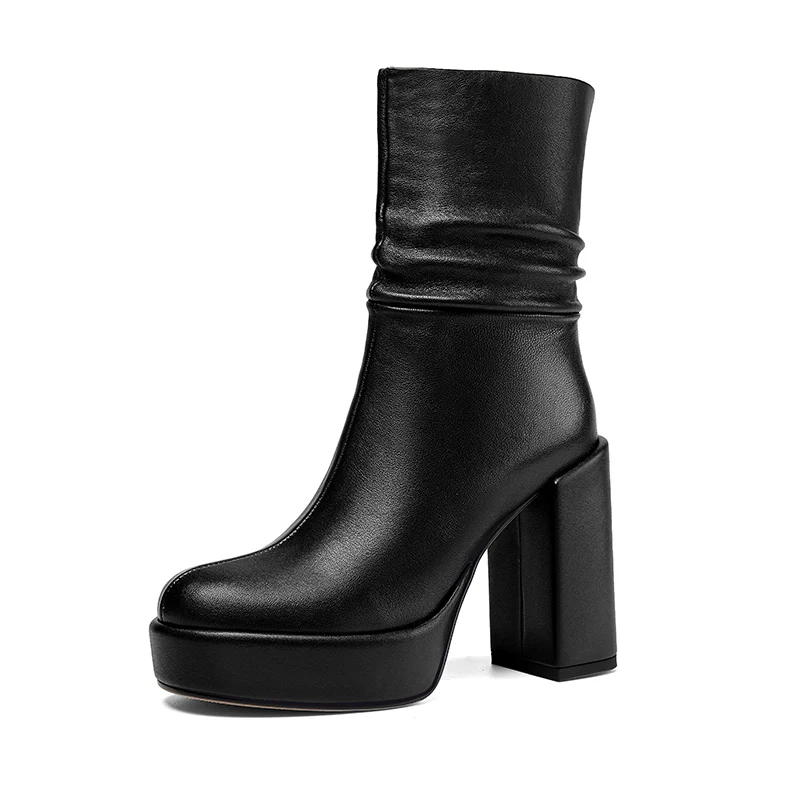 امرأة حذاء من الجلد جولة تو جلد طبيعي كتلة كعب مطوي بوتاس الجانب البريدي الخريف أحذية موضة الشتاء الدافئة بوتاس #2