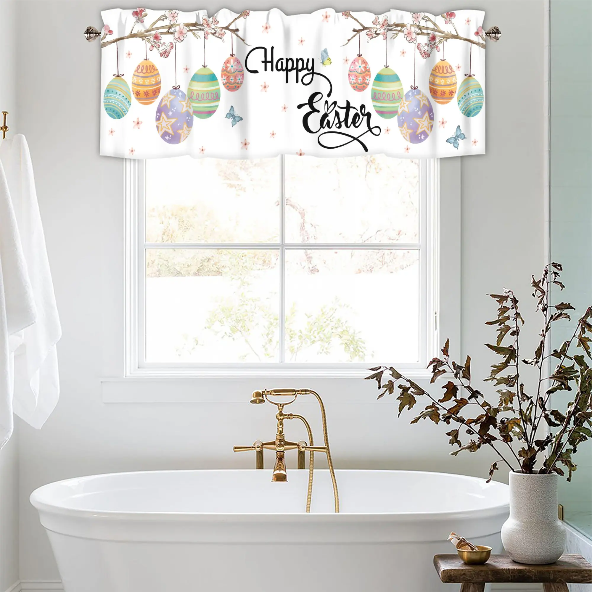 Easter Curtain Valance for Windows Rod Pocket Valance Window Peach Blossom Colored Egg Short Curtains Kitchen  Window Decor