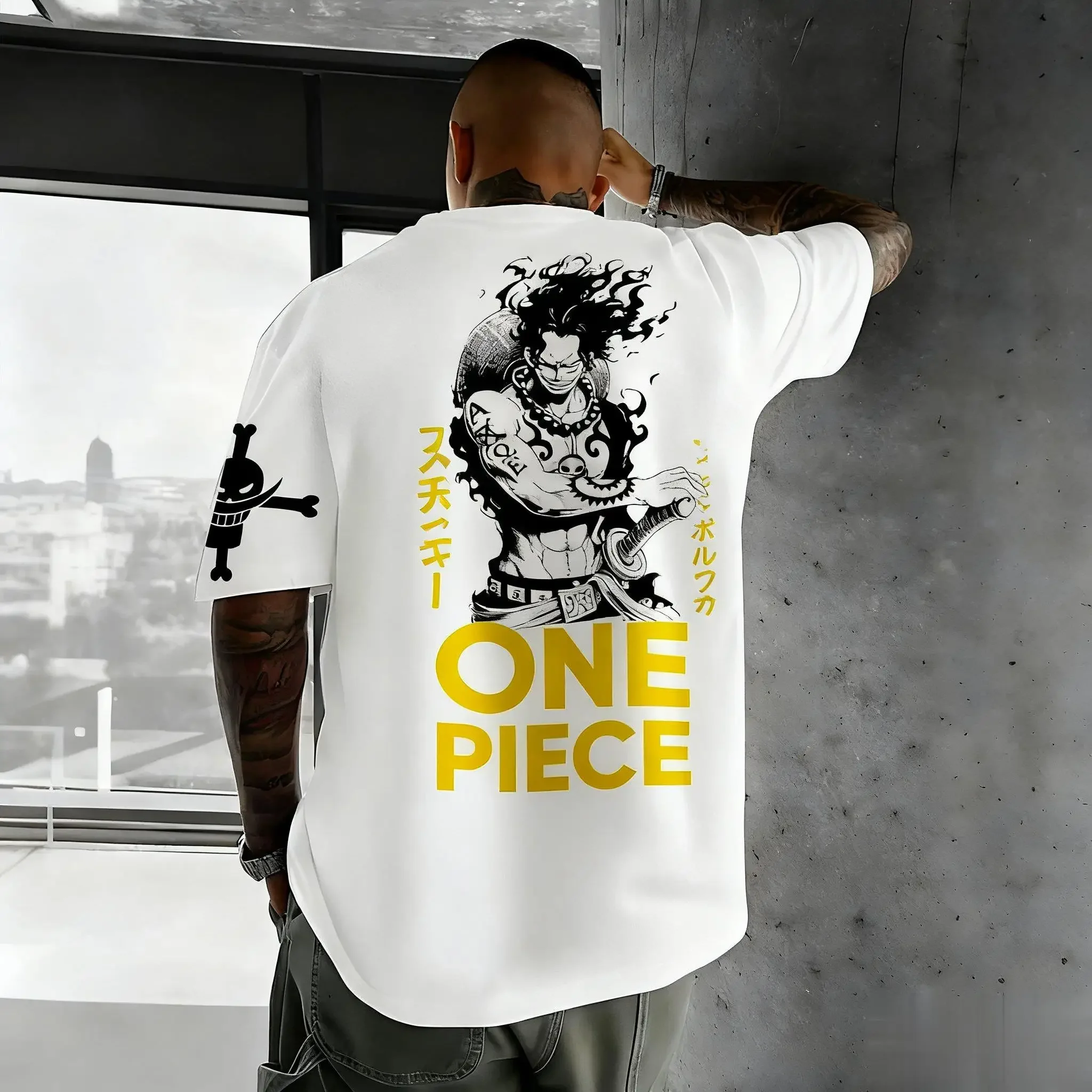 قطعة واحدة لوفي أنيمي تي شيرت الرجال النساء قصيرة الأكمام المحملة خمر كبيرة الحجم Y2k ملابس الصيف رداء علوي غير رسمي الشارع الشهير الكرتون طباعة #2