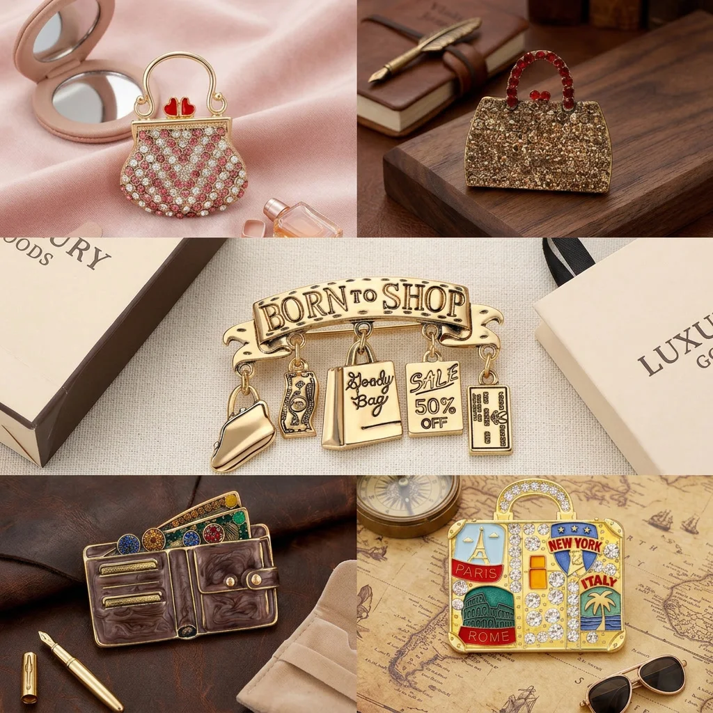 Luxury Rhinestone Shopping Themed Handbag Brooches for Women Unisex Trendy Creative Pins Casual Party Jewelry Accessories Gifts