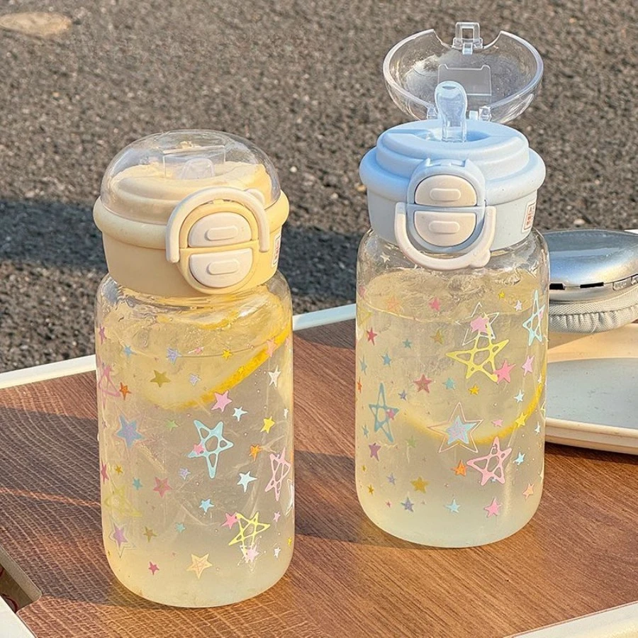 

Simple and cute straw cup for girls, high-quality summer student portable double-drink flip-top cartoon cup