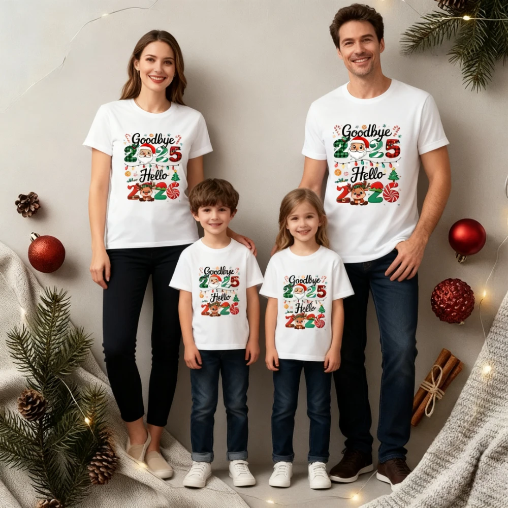 وداعا 2025 مرحبا 2026 المحملة سنة جديدة سعيدة 2026 طاقم تي شيرت عيد الميلاد مطابقة الأسرة بلايز السنة الجديدة لي تي شيرت مضحك هدية