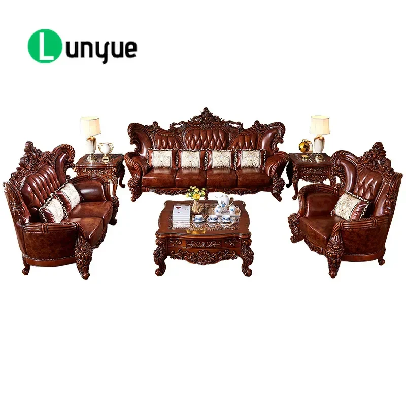 Retro First Layer Cowhide Leather Sofa Light Luxury European Style Living Room Furniture for Villa Hotel Leisure Club