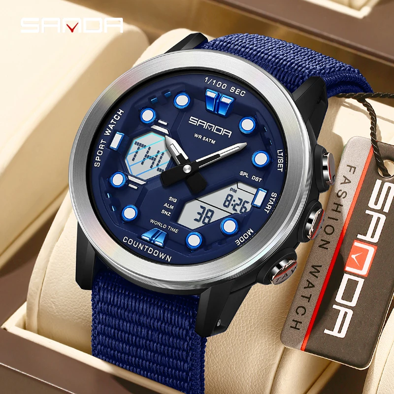 SANDA 3392 デュアルディスプレイ電子時計メンズナイロンストラップ + 29 タイムゾーン + 4 カウントダウン時計 + 曜日と日付表示学生用腕時計