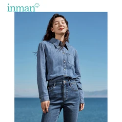 INMAN Women Denim Shirt 2023 Winter Long Sleeve Polo Neck Loose Blouse Embroidery 100% Cotton Fashion Casual Versatile Outwear