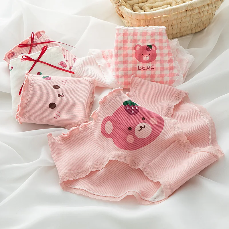 1 sztuka bawełnianych majtek damskich z nadrukiem kawaii misia, oddychająca bielizna, brzoskwiniowy róż, krata gingham, falbanki, niski stan, damska bielizna