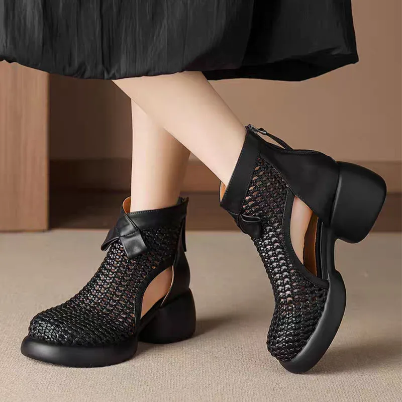 Platform High Heels Women's Cool Boots Sandals Summer Hollw Sandals Shoes Woman 2026 Trend Zip Leather Shoes Casual Sandalias