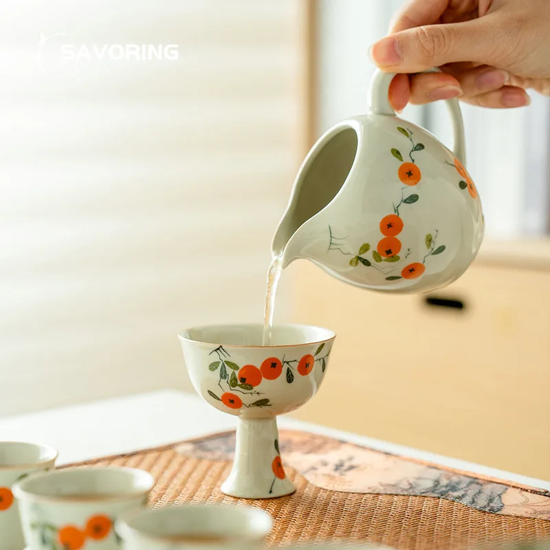 Hand Painted Persimmon Teacup Vintage Plant Ash High Foot Cup Master Cup Personal Jianzhan Tea Bowl Kung Fu Teaware Ceramic Cups