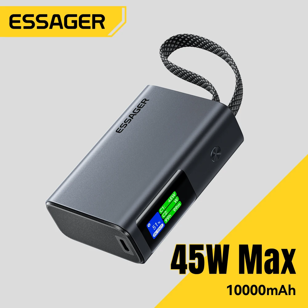 

Внешний аккумулятор Essager 45W Power Bank 10000 мАч со встроенным кабелем USB-C, портативное устройство для быстрой зарядки iPhone 17, 16, 15, Samsung S26, S25