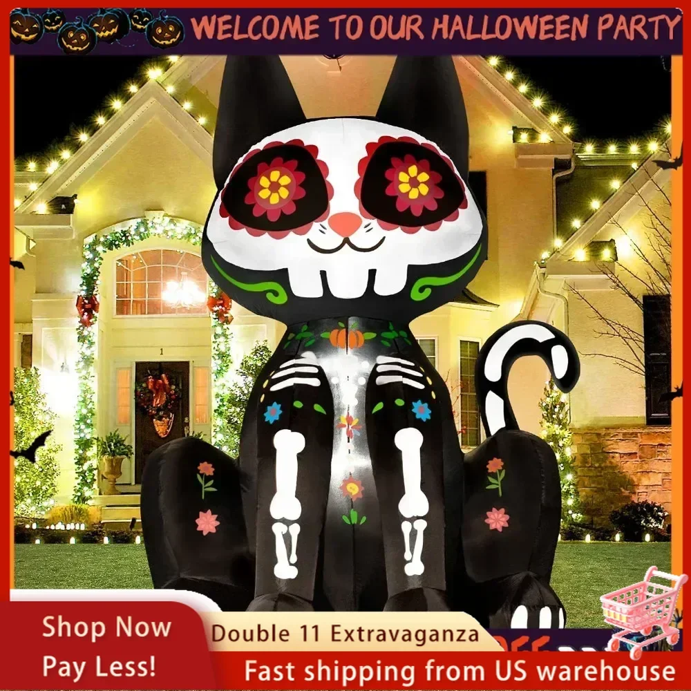 6Ft Halloween Decorations Inflatable Black Cat Halloween Sugar Skull Blow Up Outdoor Lighted Yard Prop Home Lawn Party Decor Day