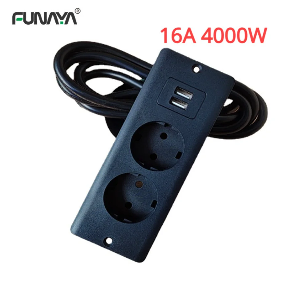 EU 테이블 리세스형 소켓, USB 2 개, 콘센트 2 개, 5V 2.1A AC110 220 V16A 4000W, 데스크 홈 오피스 숨겨진 전원 전기 블랙 소켓