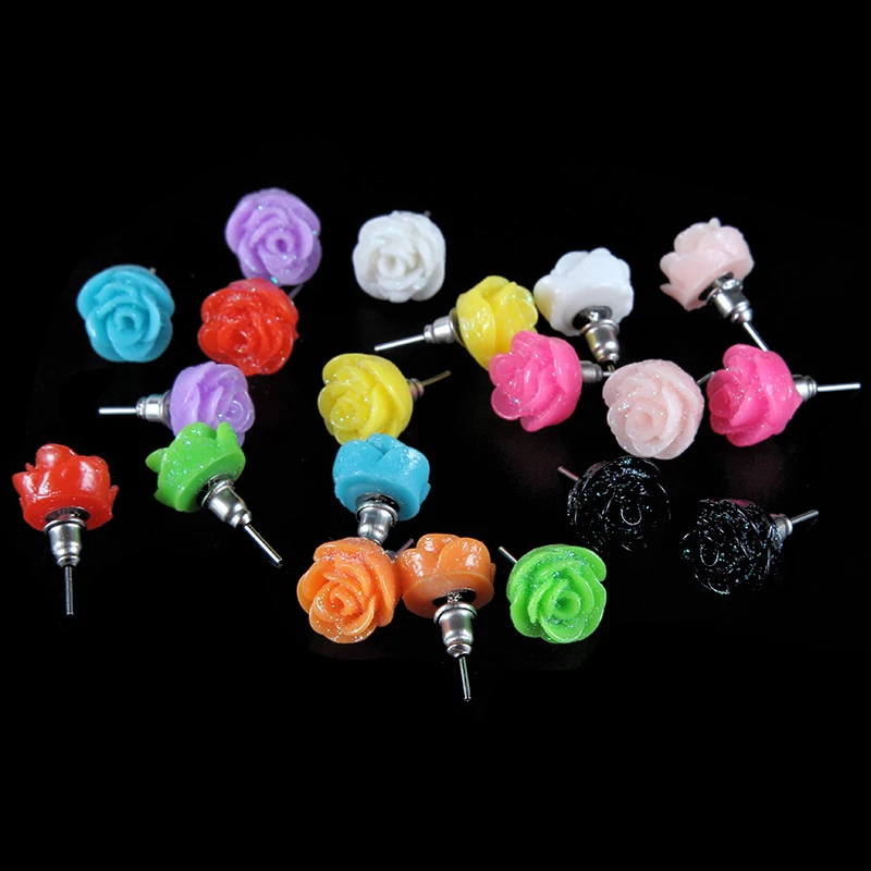 High Grade Trendy 12 pairs Multicolor Rose Flower Resin Stud Earring For Women Girl Ear Jewelry Wholesale