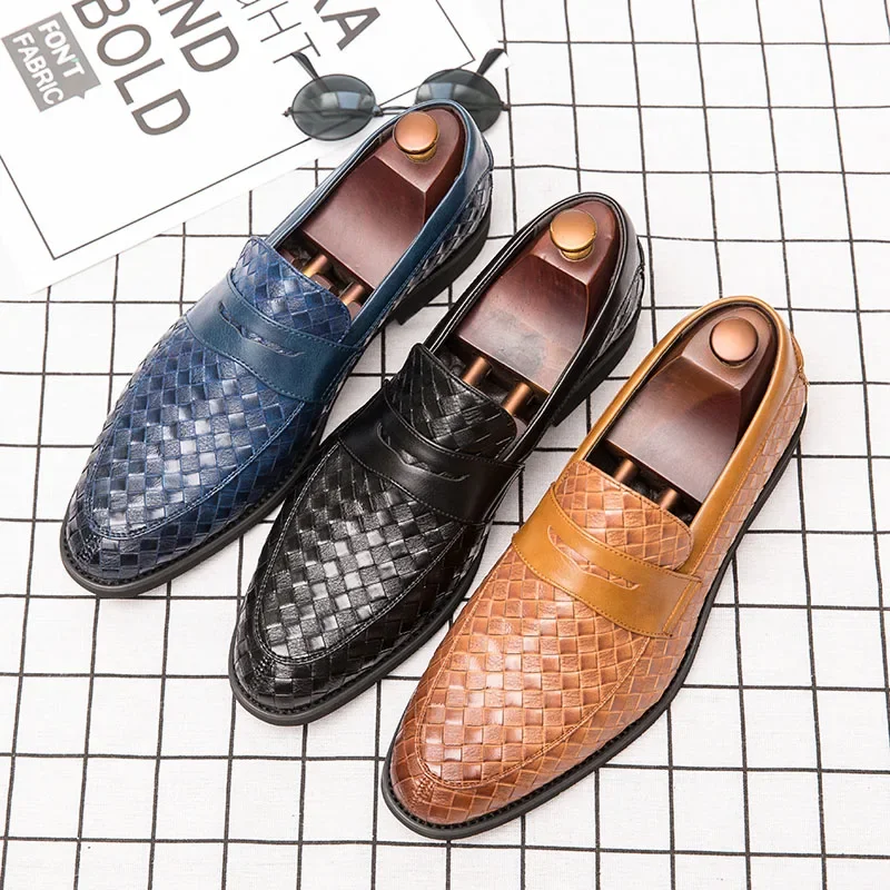 New Loafers Men Shoes PU Solid Color Fashion Business Casual Outdoor Daily Classic Woven Pattern Mask Slip-on Dress Shoes CP086