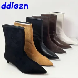 Nowe buty na niskim obcasie damskie buty zachodnie do kostki modne obuwie ze szpiczastym noskiem damskie nowoczesne krótkie botki designerskie buty wsuwane