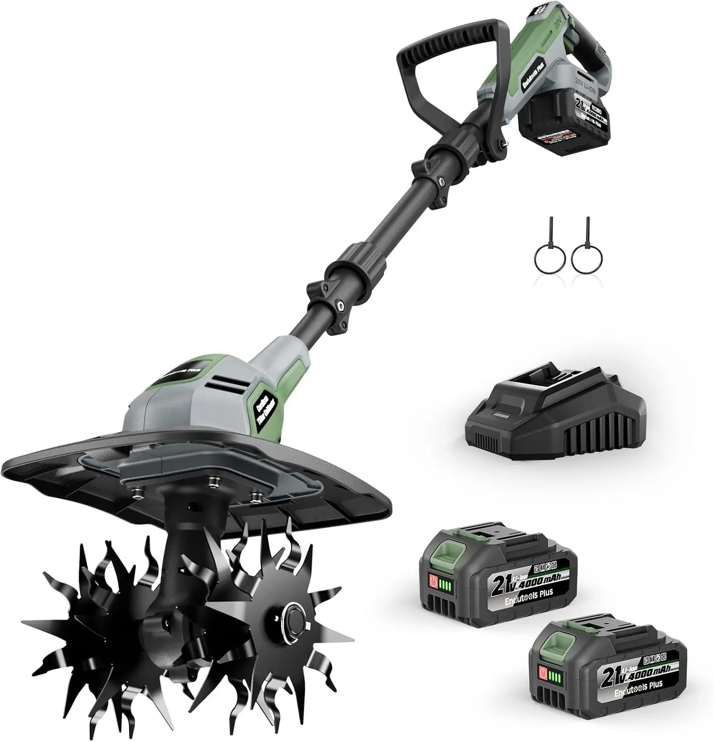 Cordless Electric Garden Tiller & Cultivator, 21V Rototiller with Two 4.0Ah Batteries, 360 RPM, 9-Inch Working Width, 7-Inch Tilling Depth, Lightweight for Weeding, Soil Tilling & Raised Bed Gardening