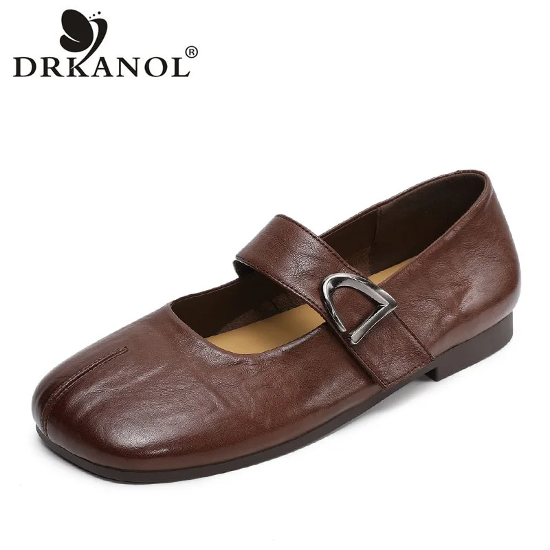 DRKANOL 2026 Fashion Women Mary Janes Shoes Square Toe Genuine Cow Leather Shallow Soft Comfort Metal Casual Flat Shoes H269077Z