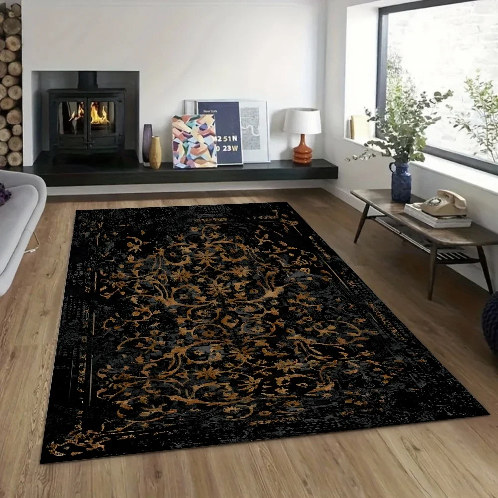 Gothic Black Carpet, Dark Academia Velvet Rug for Medieval Bedroom Study, Non-Slip Floor Mat Castle Library Vampire Theme Decor