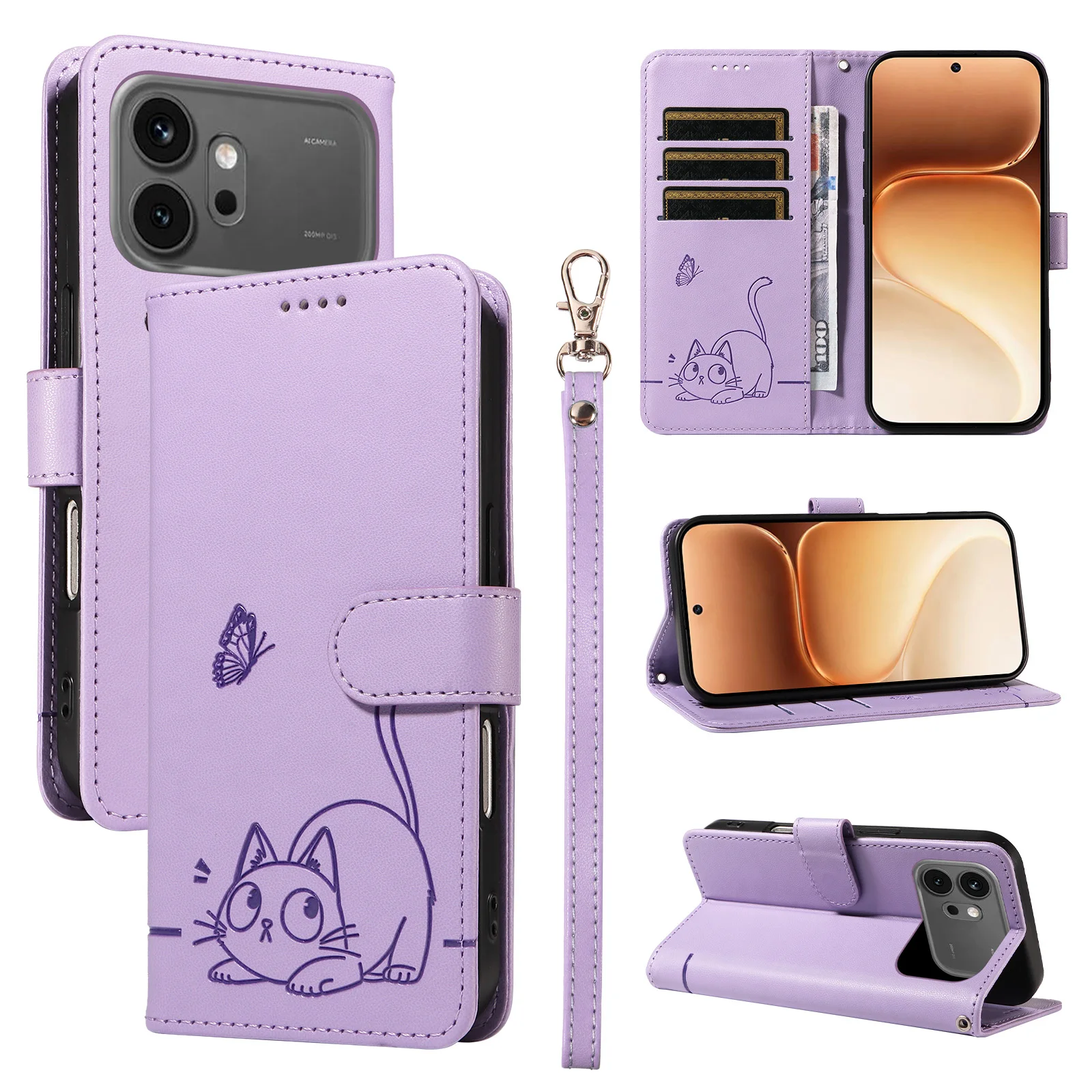 Leather Wallet Flip Case for Honor Magic 8 7 6 X5C X6D X6C X70 X8D X9C X9D 600 Pro Lite  | Cat & Butterfly Embossed Design view 3