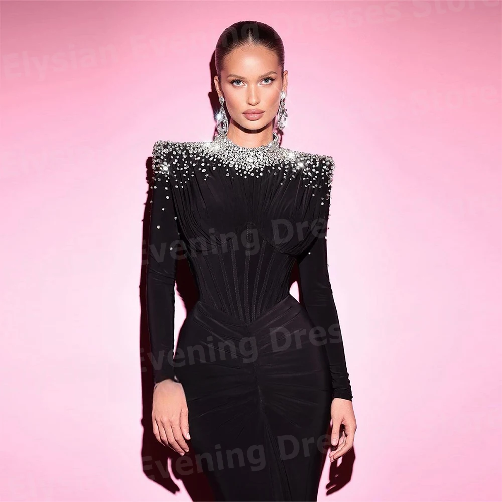 2025 Black Women Evening Dresses High Neck Mermaid Prom Gowns Long Sleeve Beaded Party Customized Vestido De Gala Noche Mujer