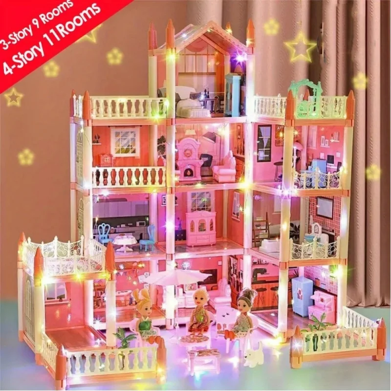 Zestaw do składania modelu: 4-piętrowy domek dla lalek Dream Doll House, 11 pomieszczeń i zestawy mebli, różowa willa z ABS, kreatywna dekoracja biura, salonu i balkonu - idealny prezent dla — 2