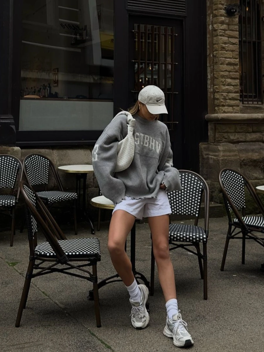 Blubelle Women's Autumn Winter New Letter Jacquard Lazy Style Pullover Sweater Gray Soft Loose Outerwear Versatile Knitwear