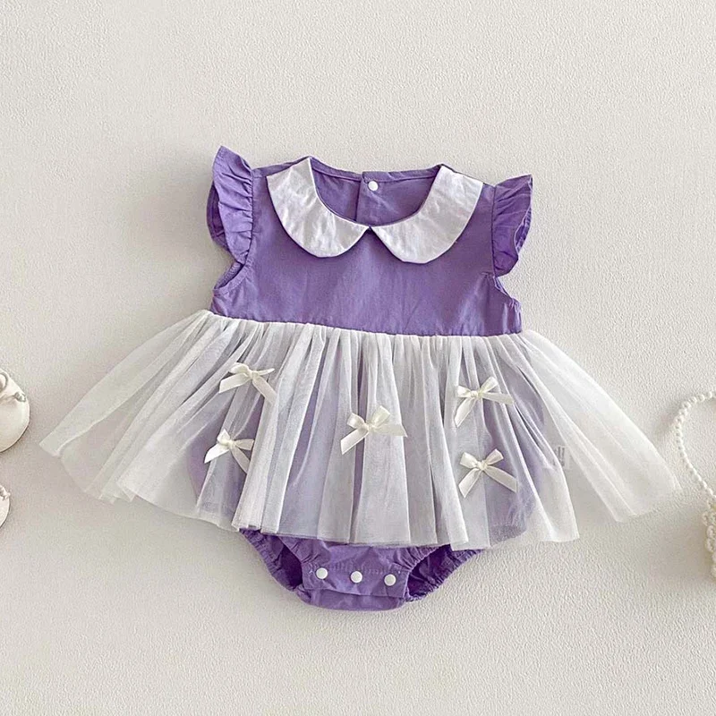2026 New Summer Infant Baby Girls Bodysuits Sleeveless Cotton Mesh Splicing Toddler Baby Girls Jumpsuit 0-24M Baby Girl Clothing