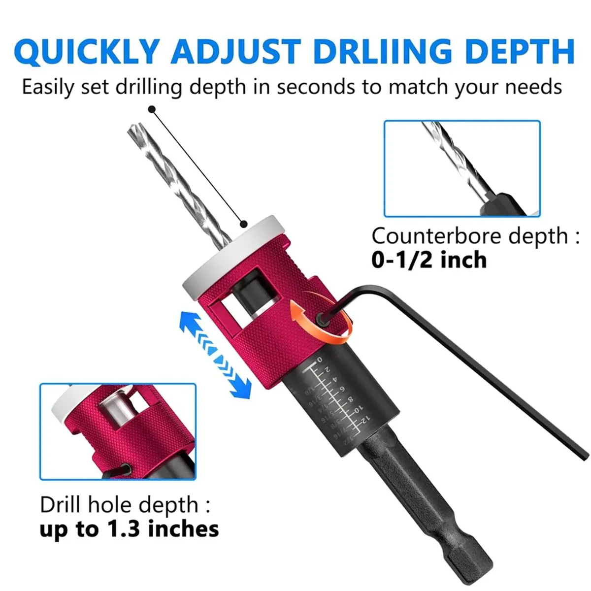 HHTL Countersink Drill Bit Set with Adjustable Depth Stop, 1/4