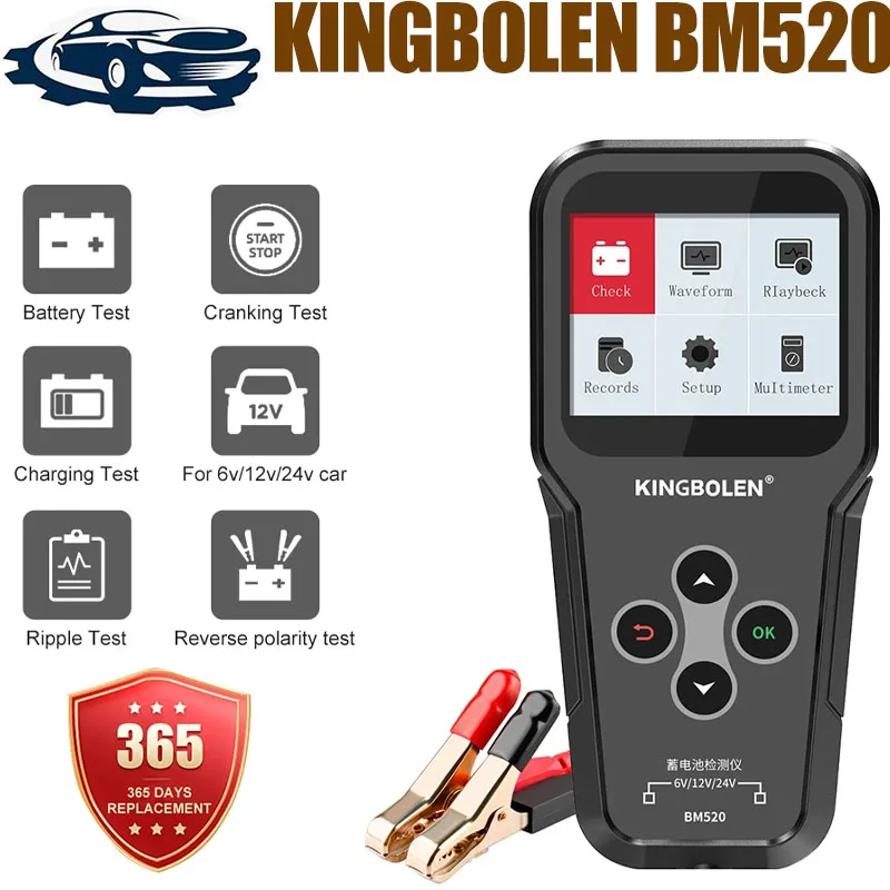 

KINGBOLEN BM520 Motorcycle Car Truck Battery Tester 6V 12V 24V Battery Analyzer 2000 CCA Charging Cranking Test Scanner Tools