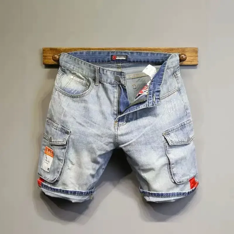 Male Denim Shorts With Pockets Men's Short Jeans Pants Cargo Ripped Buttons Vintage Distressed Blue Thin Designer Retro