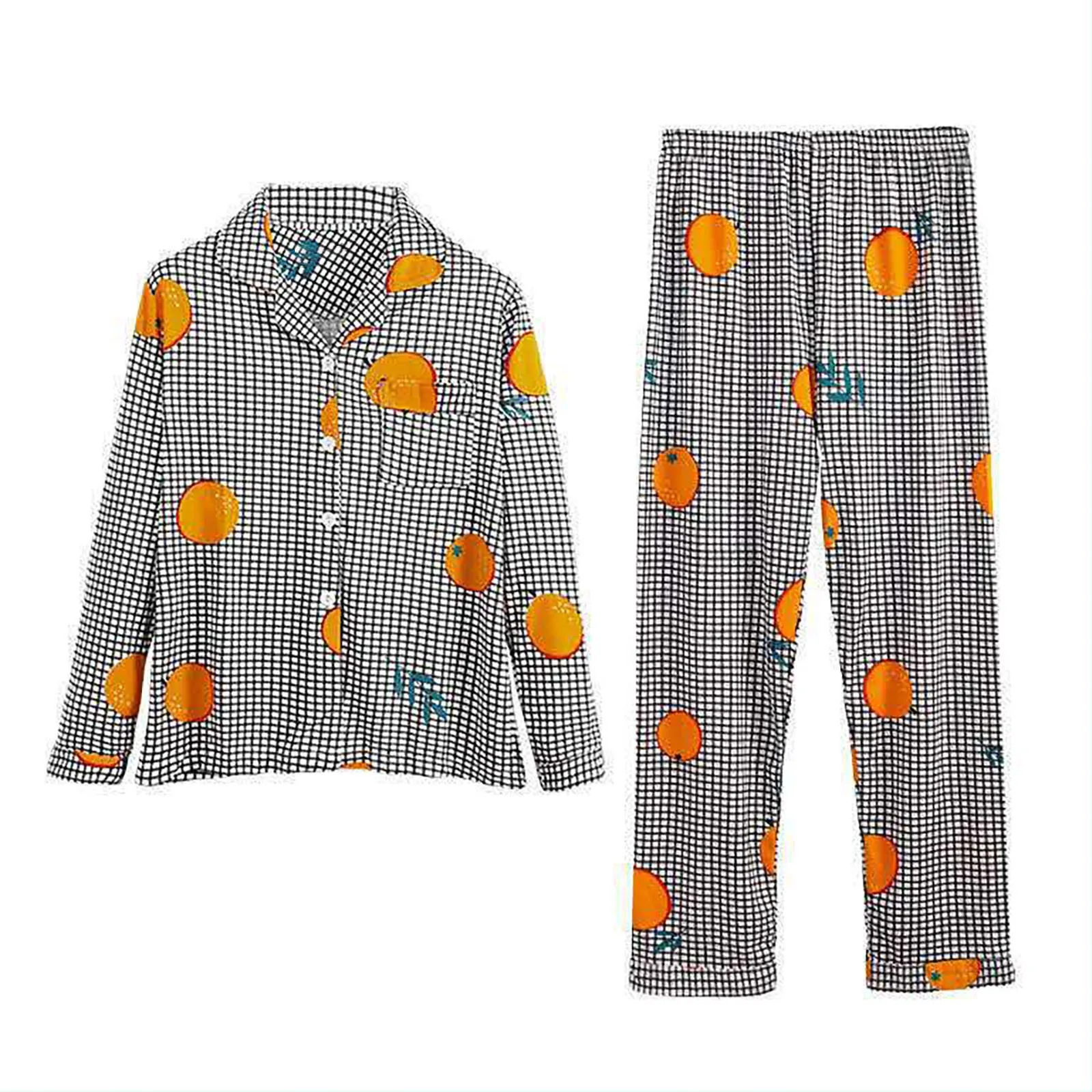 Two Piece Women's Lapel Long Sleeve Pajamas Pants Set Plaid Orange Button-Up Tops & Long Pants Soft Pajamas Set For Home Suit