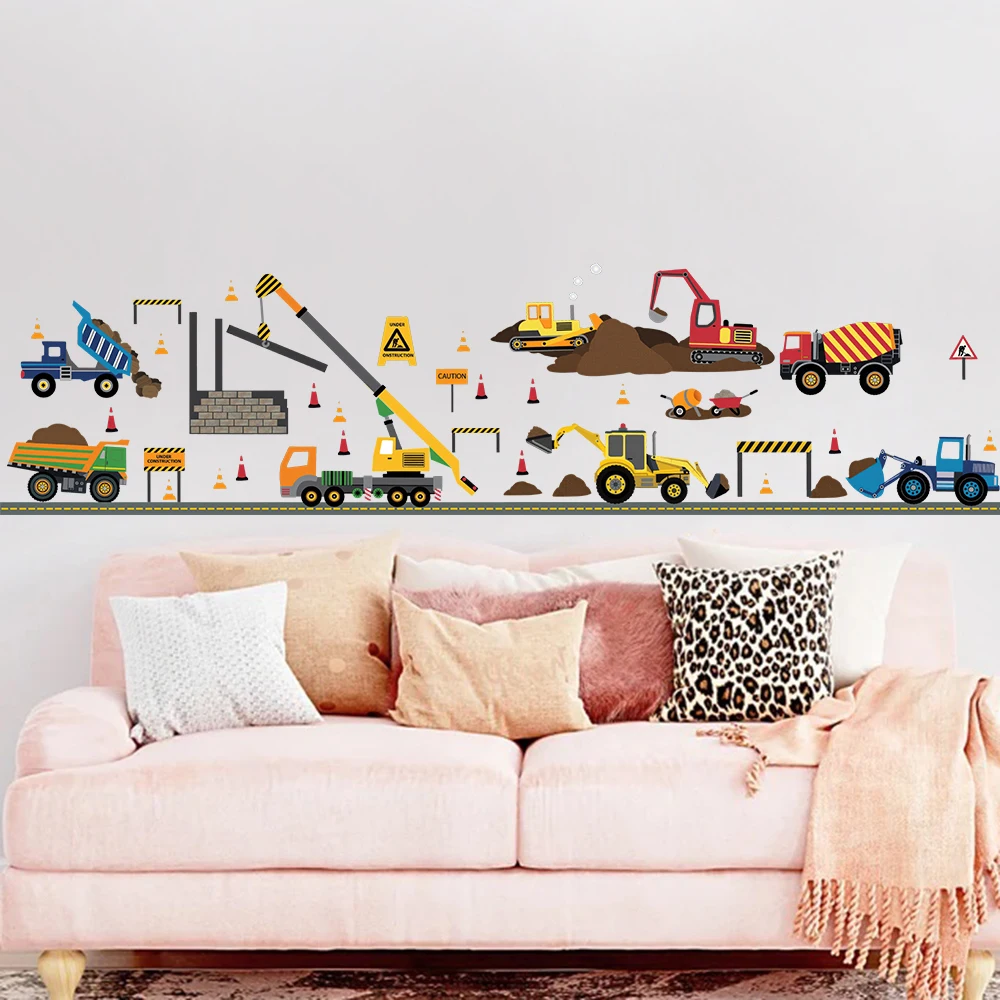 Multicolor Construction Truck Car Wall Sticker Playroom Kids Room Building Crane Roller Road Wall Decal Bedroom Home Decor