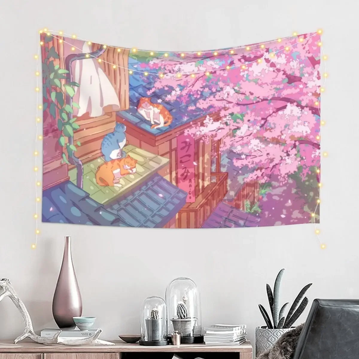 The cute cats, rooftops, and pink cherry blossom Tapestry Room Decor Things To The Room Tapestry