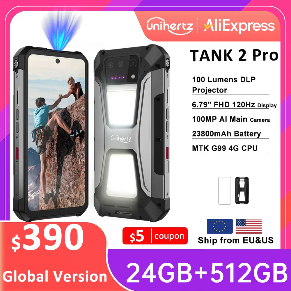 Unihertz 8849 Tank 2 PRO Rugged Smartphone with Projector Android 14 24GB 512GB Mobile Phone 23800mAh 120W Phone 6.79" Display