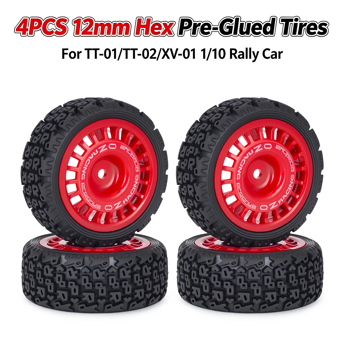 4PCS 12mm Hex Pre-Glued Rubber Tires Wheel Rims for TT-01 TT-02 XV-01 1/10 RC Rally Car